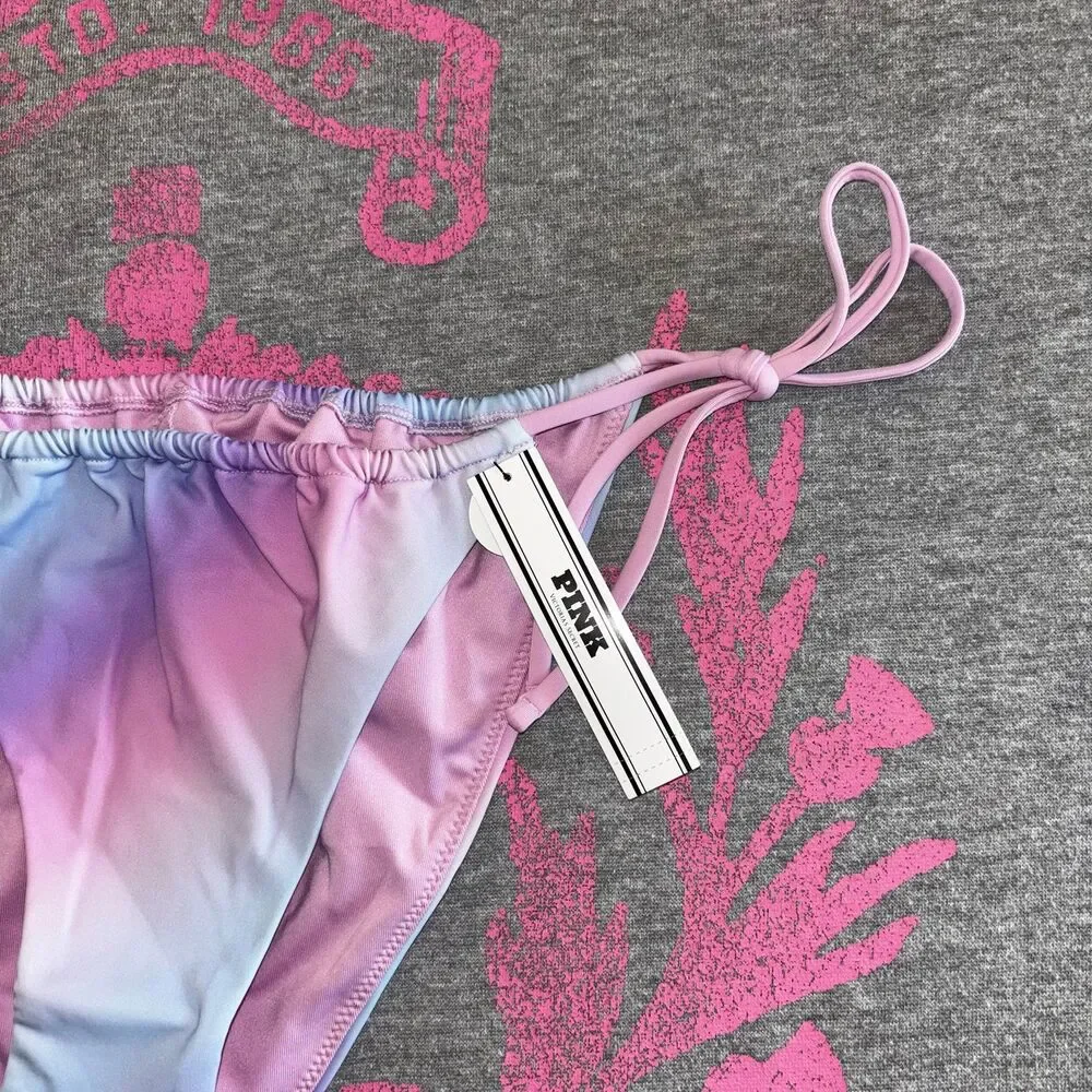 Victorias Secret PINK String Bikini Set Rainbow Ombre Cotton Candy Bling M-DD